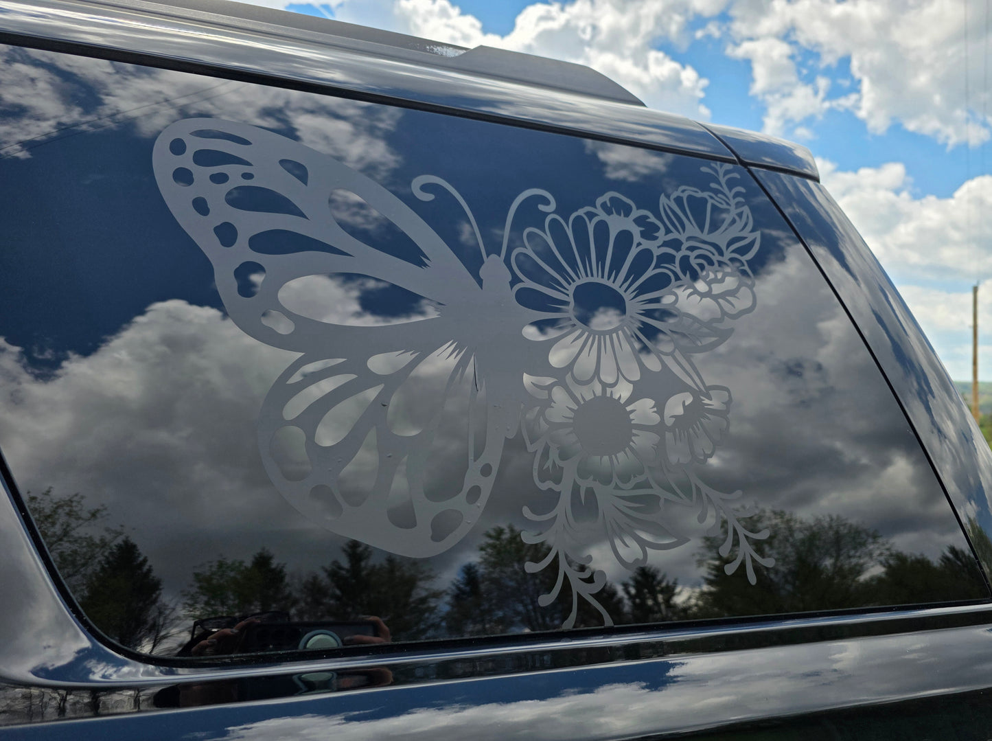 Butterfly & Daisy Large Car Window Decal — Matte Black Vinyl