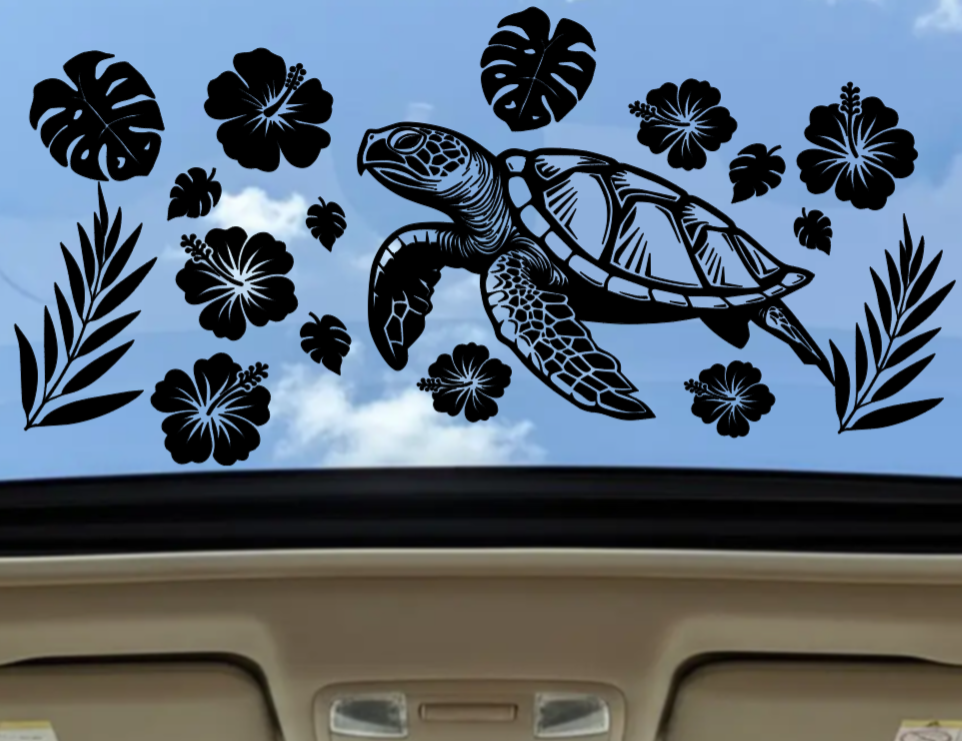 Sea turtle and tropical florals sunroof decal in matte black vinyl shown on a vehicle sunroof