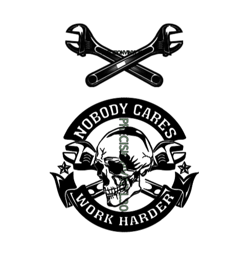 Nobody Cares Work Harder circular skull badge and crossed wrenches graphic