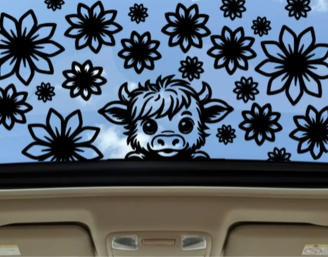 Peeking Highland Cow & Mixed Flowers Sunroof Decal — Matte Black Vinyl