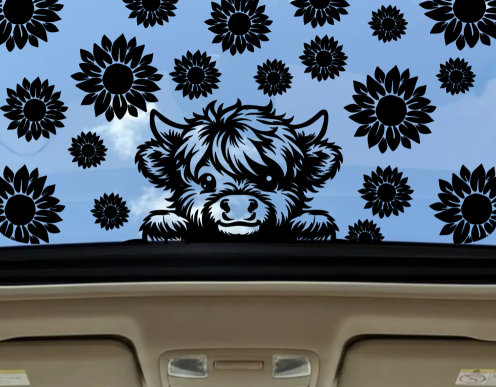Peeking Highland Cow & Sunflowers Sunroof Decal — Matte Black Vinyl