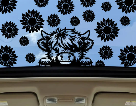 Peeking Highland Cow & Sunflowers Sunroof Decal — Matte Black Vinyl