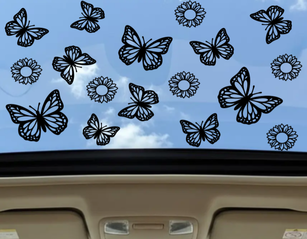 Butterflies & Sunflowers Sunroof Decal — Matte Black Vinyl