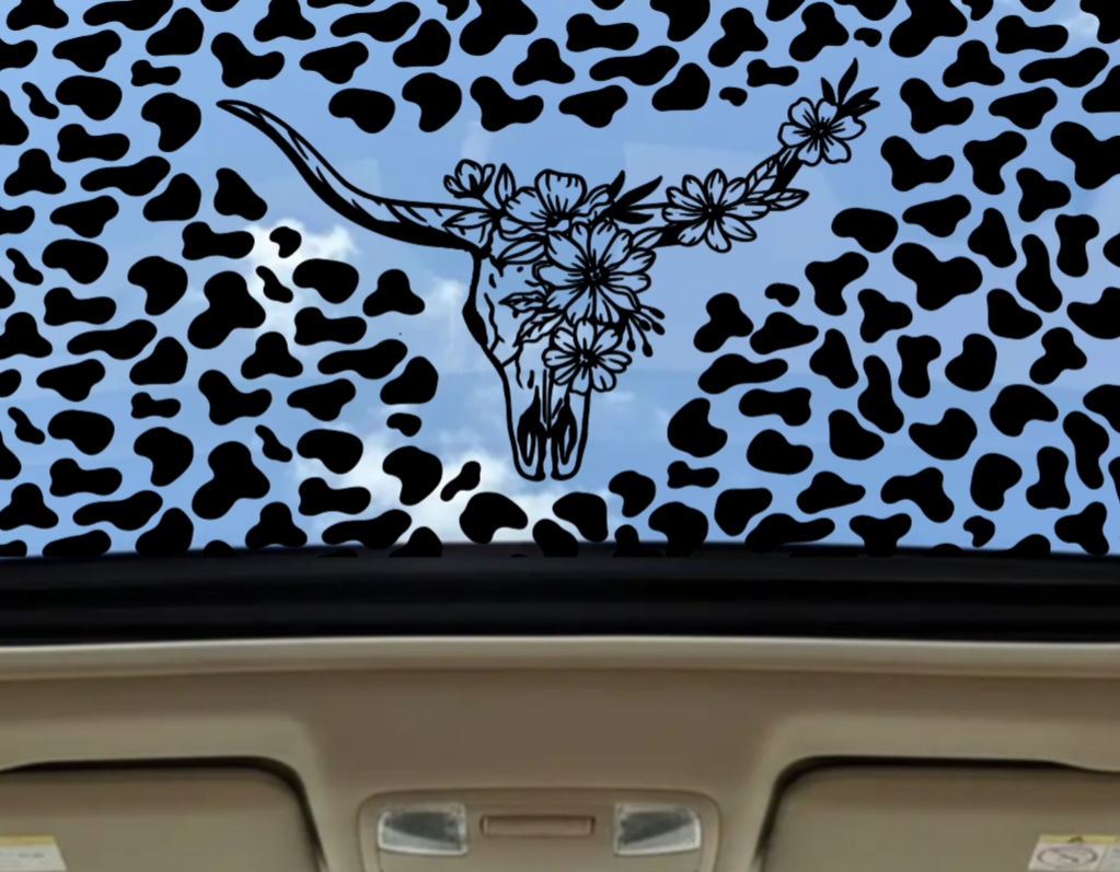 Cow Print & Floral Longhorn Sunroof Decal — Matte Black Vinyl