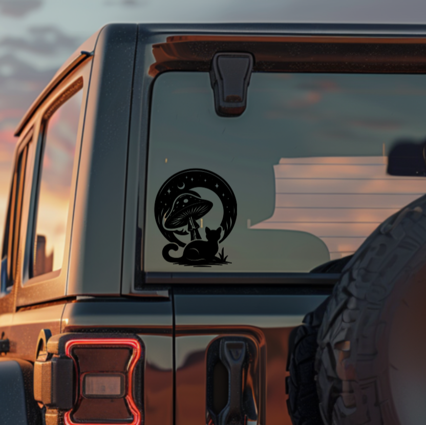 Mushroom Cat & Moon Vinyl Decal