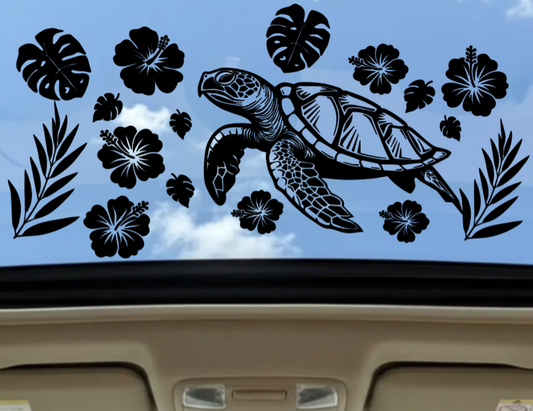 Sea turtle and tropical florals sunroof decal in matte black vinyl shown on a vehicle sunroof