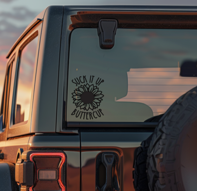 Suck It Up Buttercup sunflower decal on Jeep window