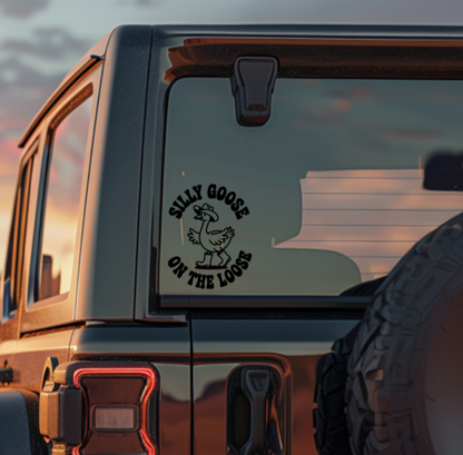Silly Goose On The Loose decal design — circular with goose in cowboy hat and boots